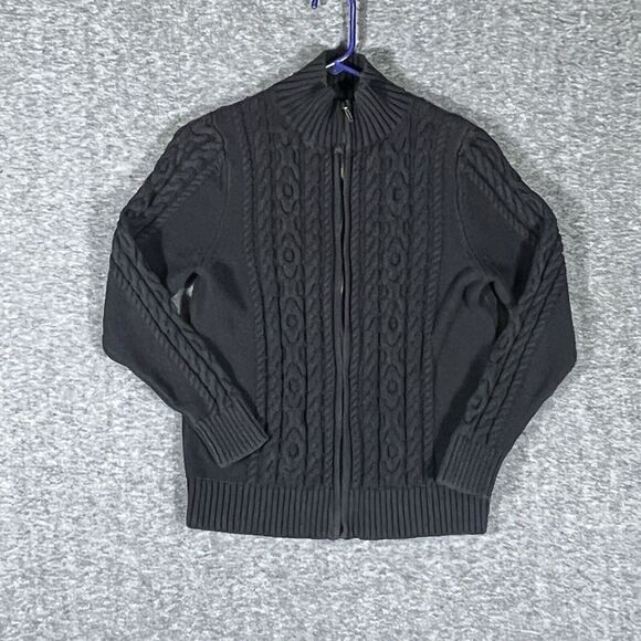 LL BEAN Sweater‎ Womens Size M Cable Knit Full Zip Cardigan Cotton Black Vintage - Picture 1 of 6